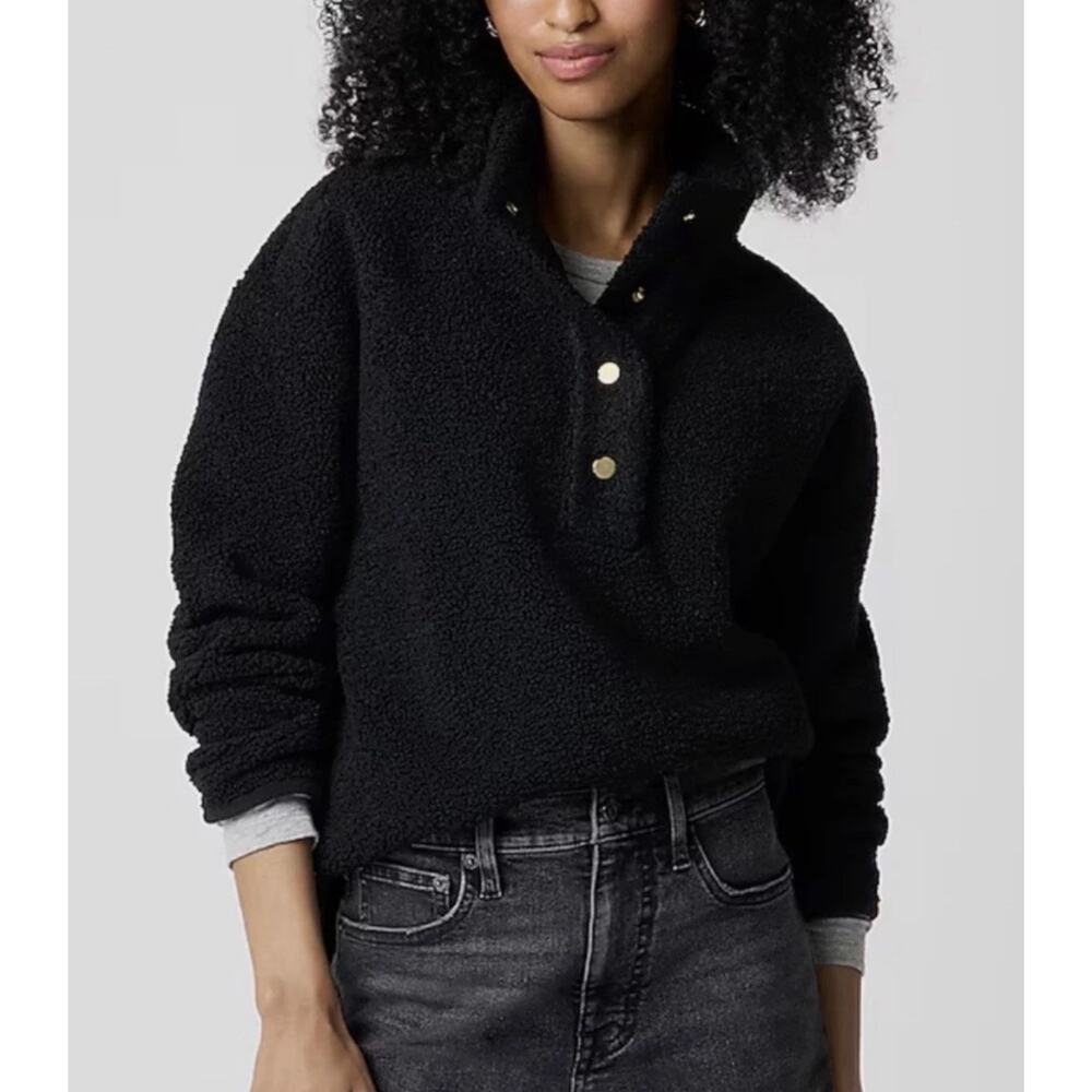 J Crew Factory | NWT Sherpa Snap Pullover Black Fleece Sweatshirt Jacket | Sz M